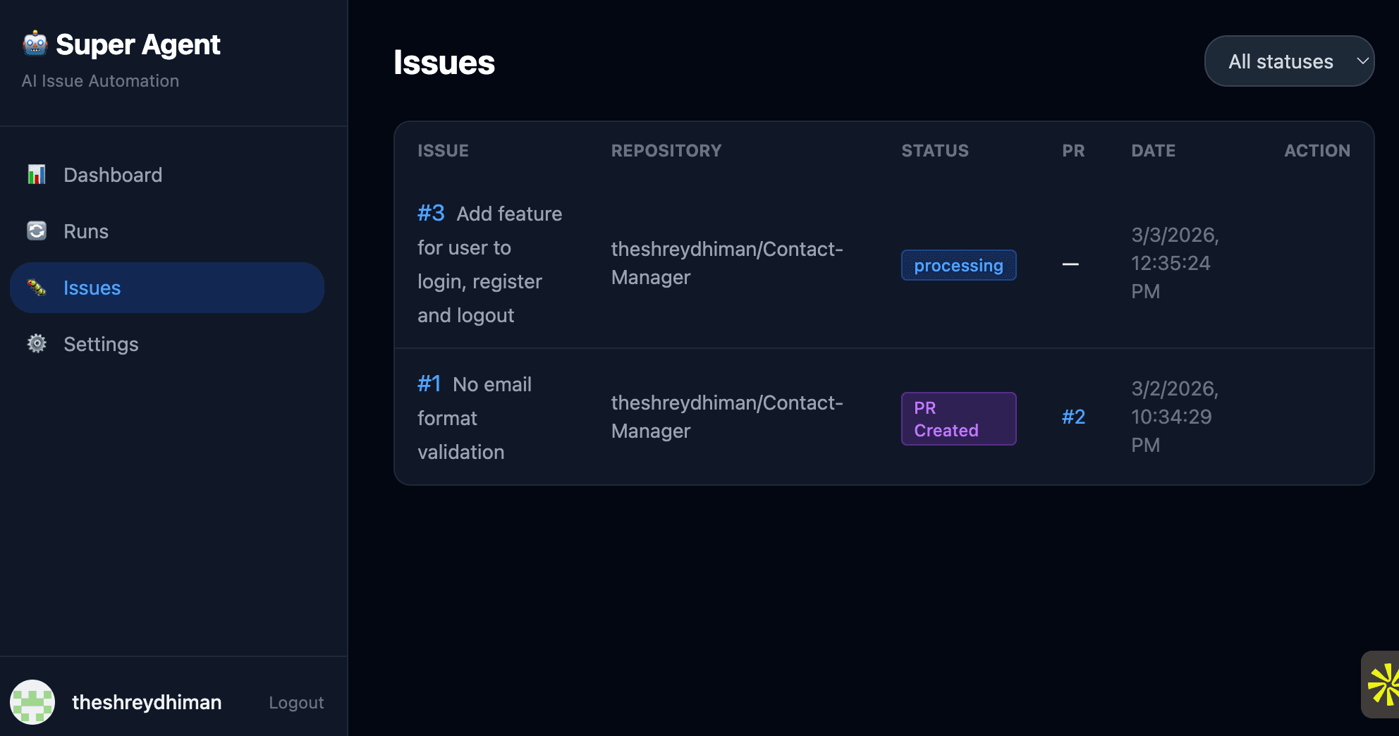 Issues page showing the table with issue numbers, repository names, status badges (Pending/Working/PR Created), linked PRs, and Fix buttons