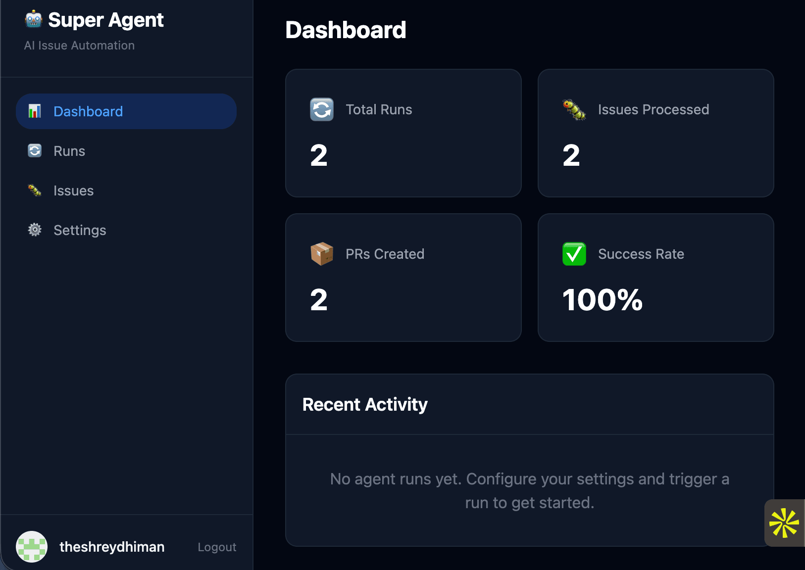 Dashboard overview page showing stats cards (Total Runs, Success Rate, PRs Created) and recent activity