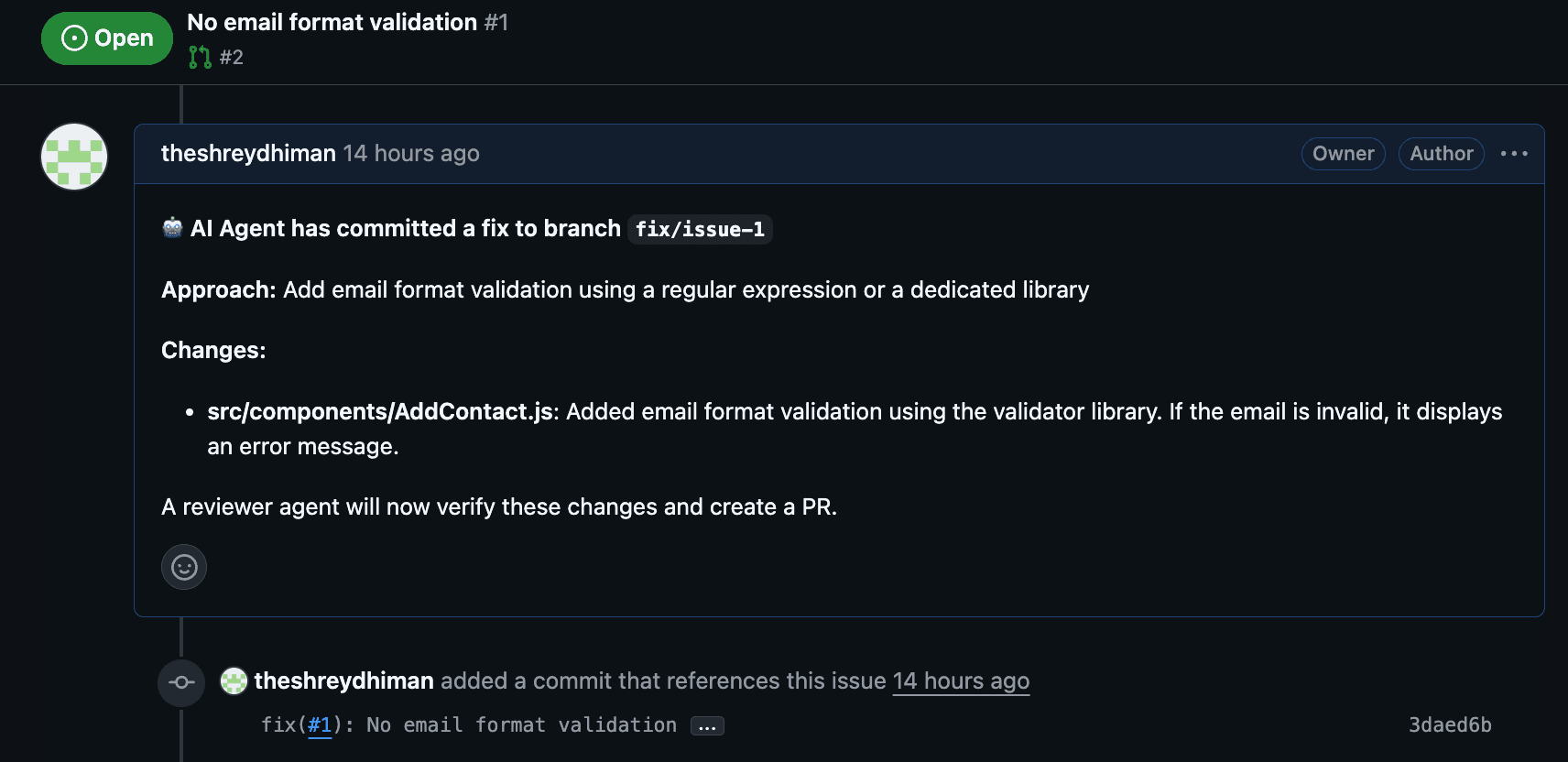 GitHub issue comment posted by the AI Agent showing the fix summary and approach