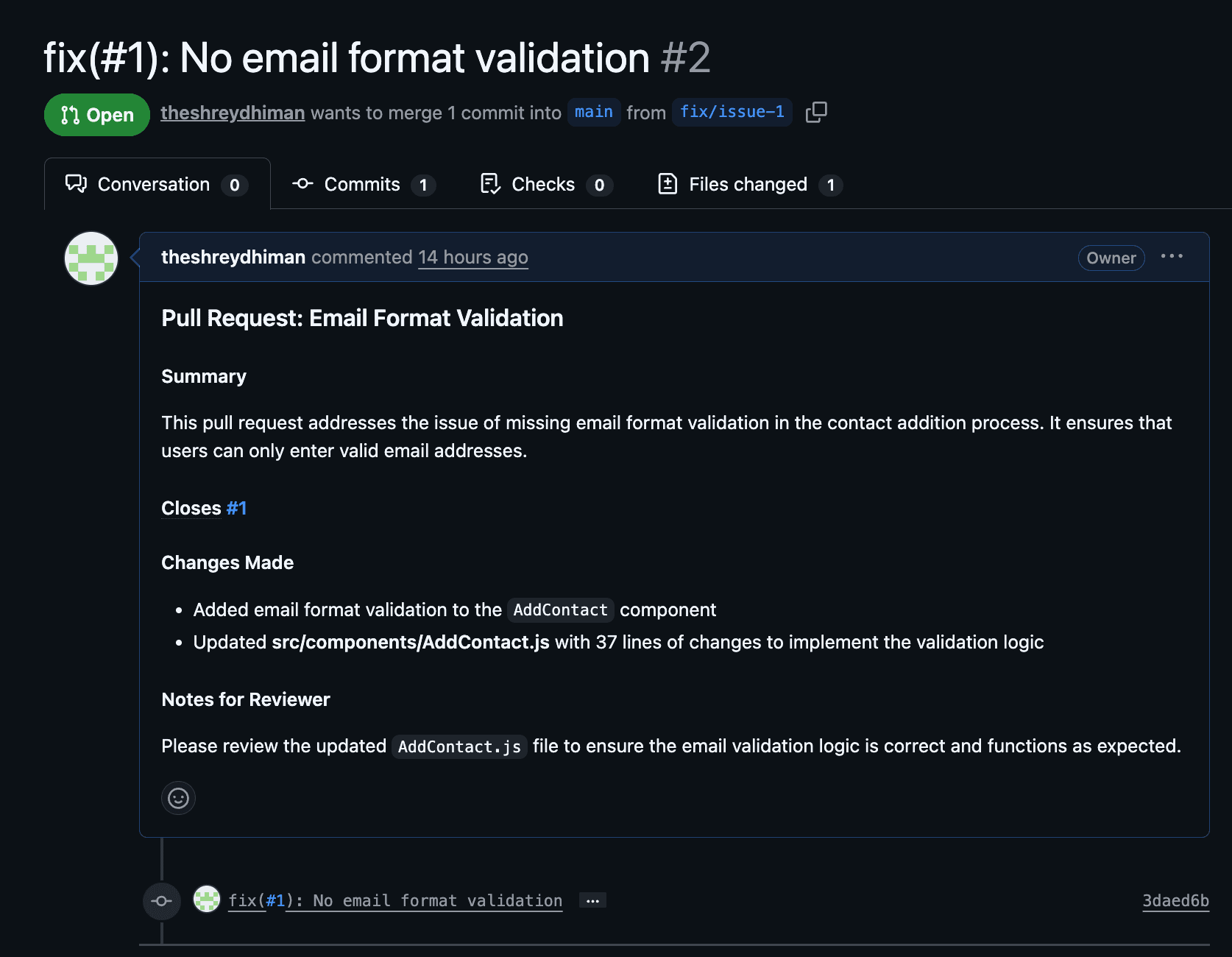 The auto-generated Pull Request on GitHub with AI-written description