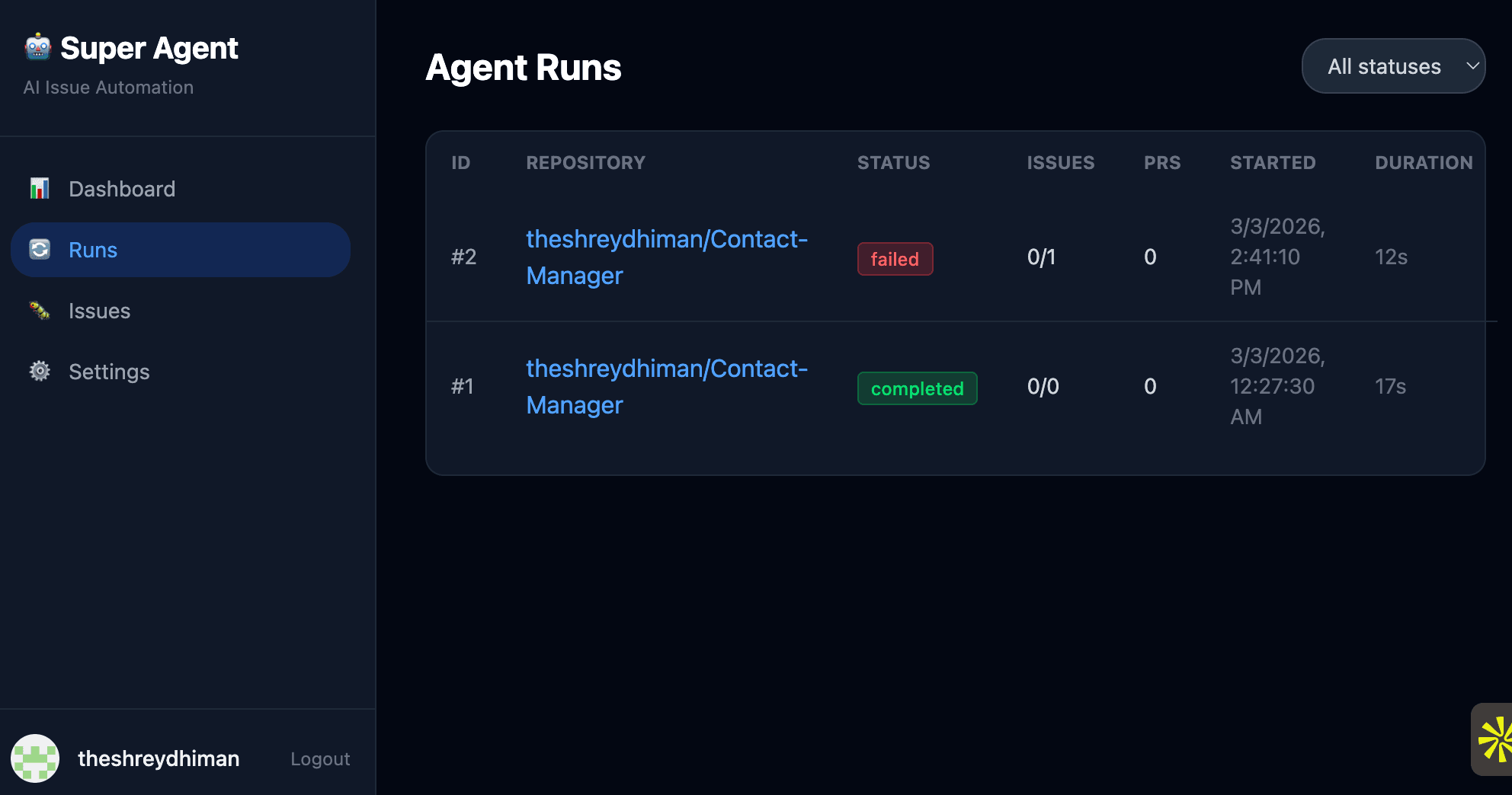 Runs page showing a list of past agent runs with status, repository, issues processed, PRs created, and timestamps