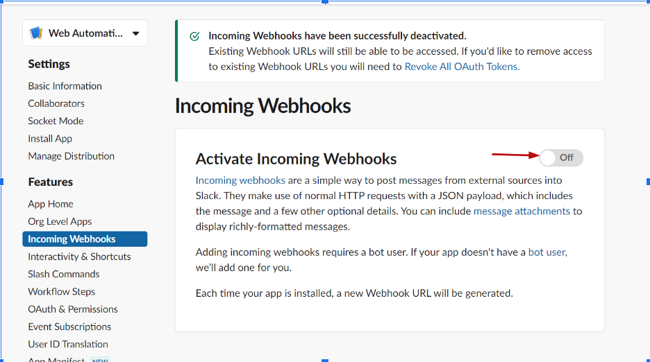 Slack Activate Incoming Webhook