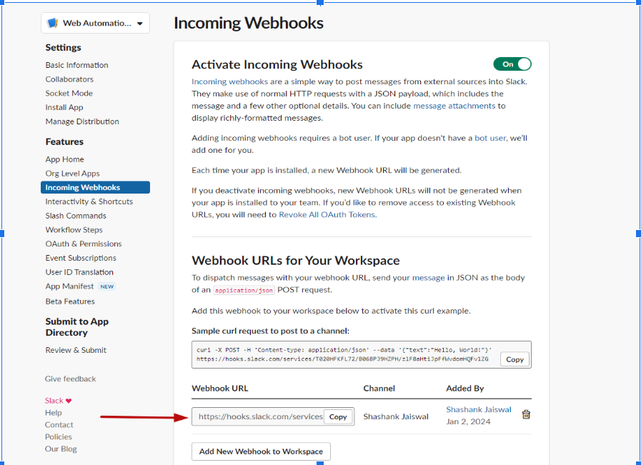 Slack Add Webhook URL