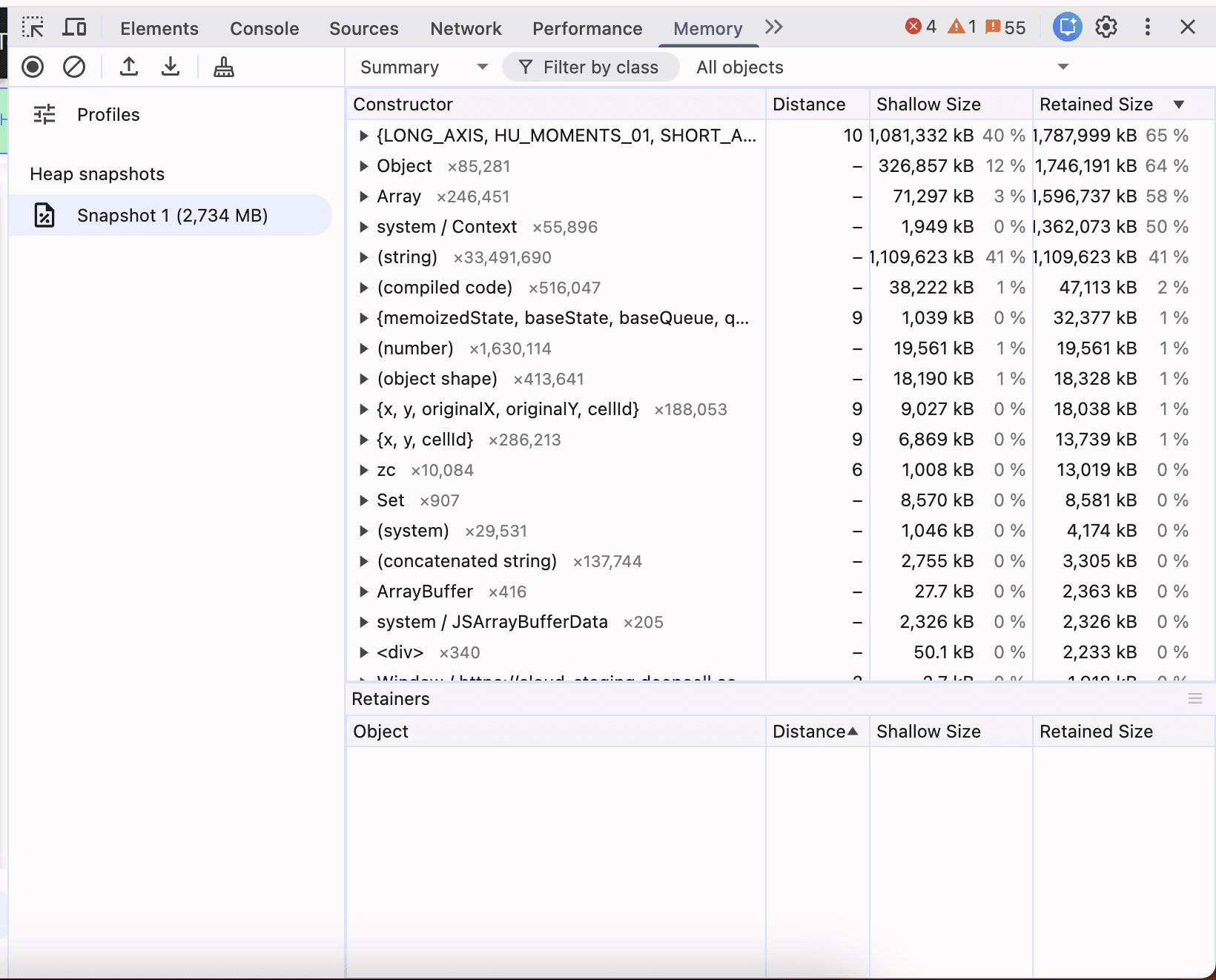 Memory usage before optimization