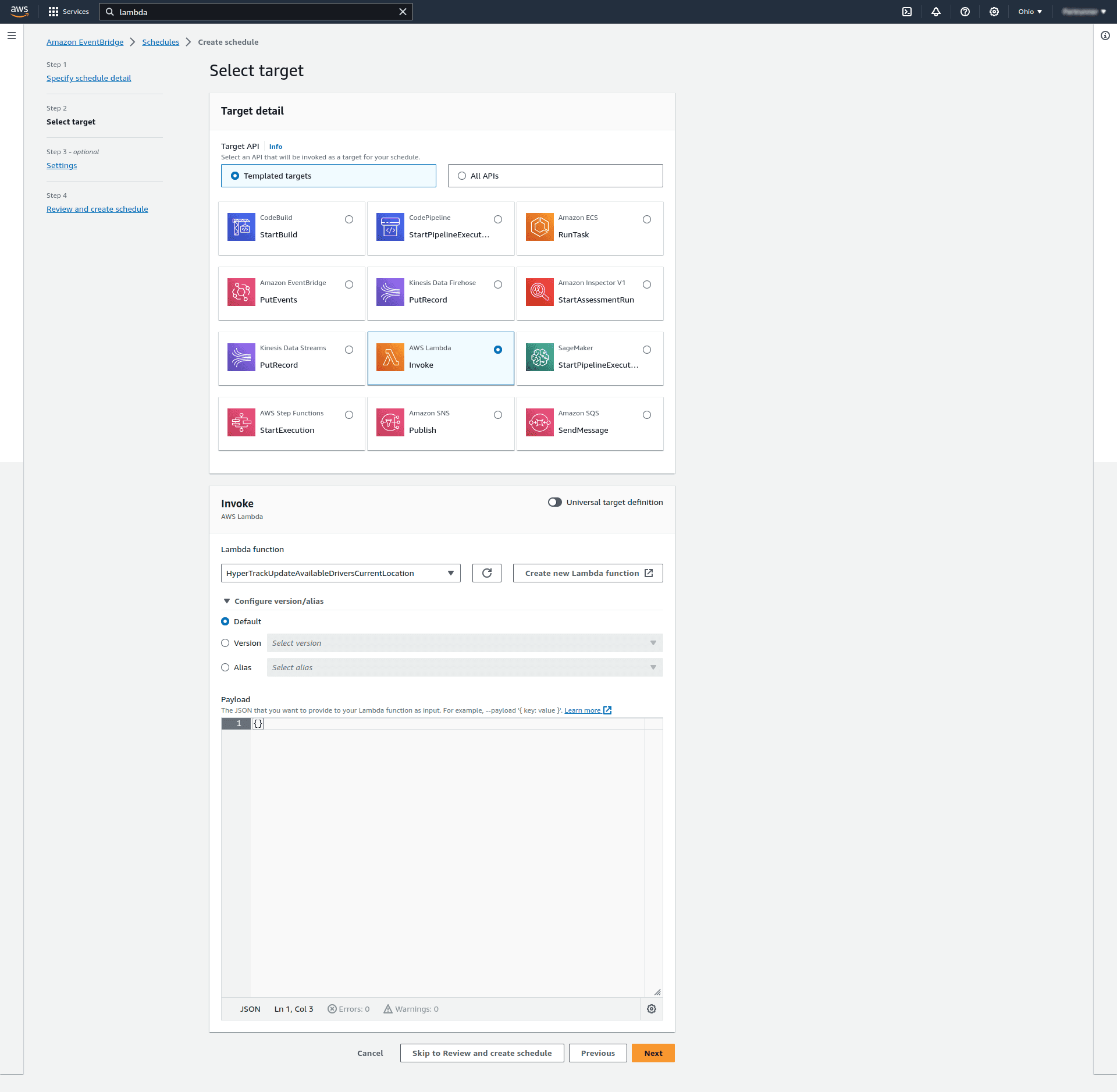 Step 2 of Creating EventBridge Schedule