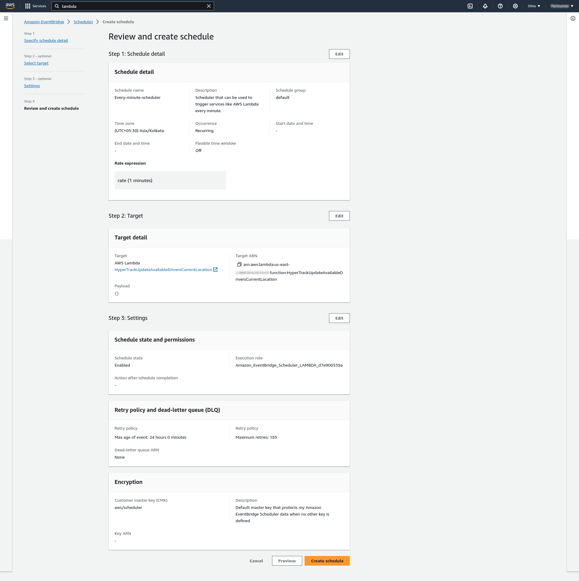 Step 4 of Creating EventBridge Schedule