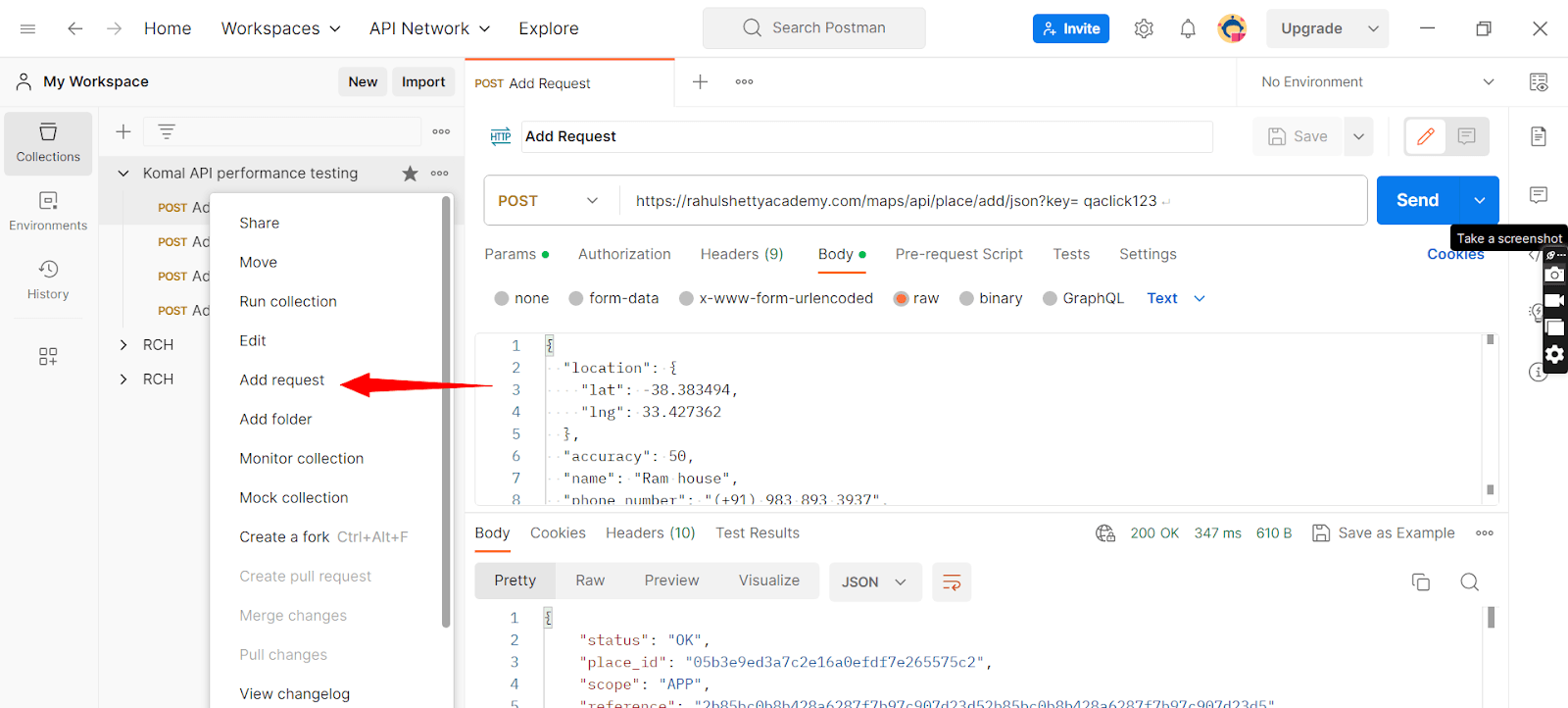 Create a request on the Postman collection